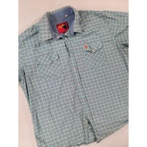 Rodeo Western Shirt Mens XL Blue Geometric‎ Pearl Snap Cowboy Cotton